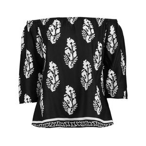 Women’s Black & White Feather Print Off The Shoulder Cold Shoulder Top-Size US 6